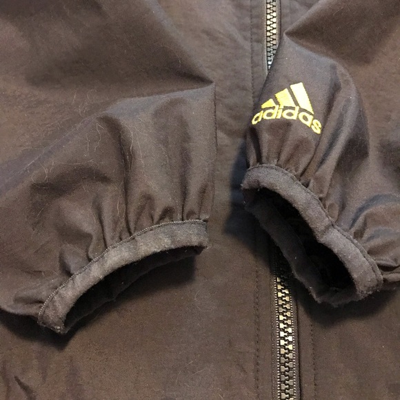 ADIDAS Black, Yellow Trim, Fabric Lined Full Zip Windbreaker Hooded Track Jacket - Picture 4 of 12
